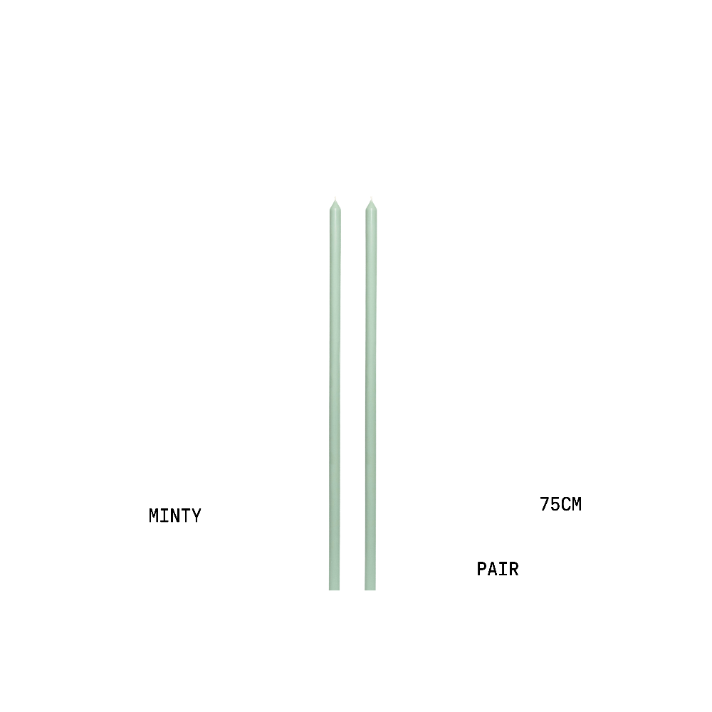 Two mint green candles on a white background with text indicating 'Minty', 'Pair', and '75cm'.