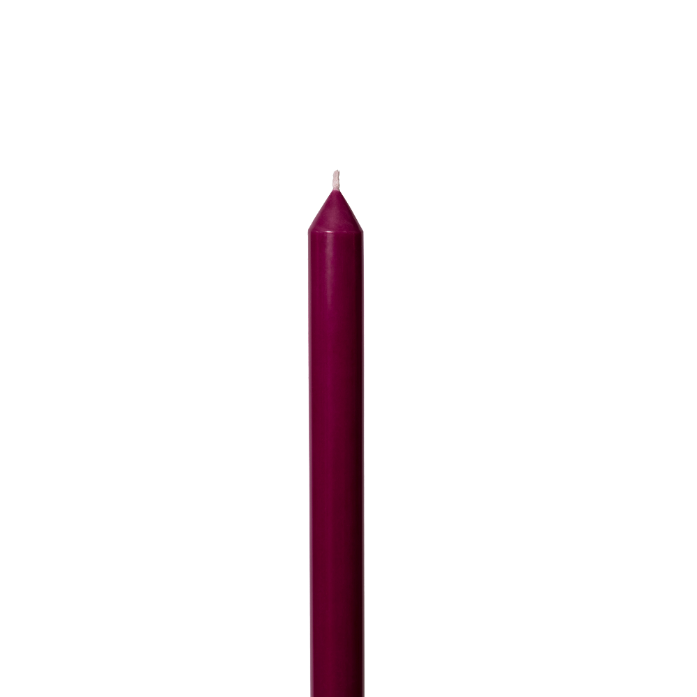 A single dark mulberry red taper candle with a white wick, shown vertically against a solid white background.