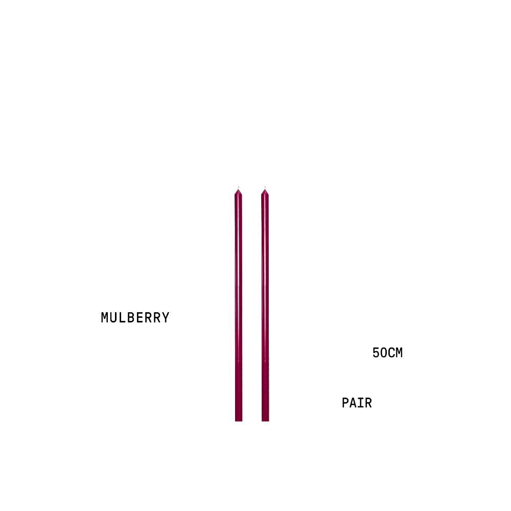 Two red candles with text indicating 'Mulberry', '50cm', and 'Pair' on a white background.