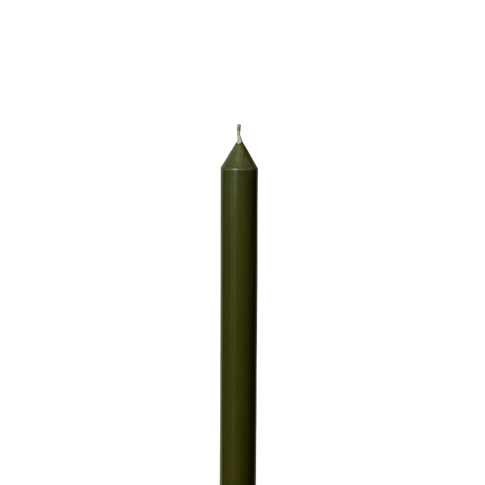 A single dark olive green taper candle with a pointed tip and a white wick, shown vertically against a plain white background.