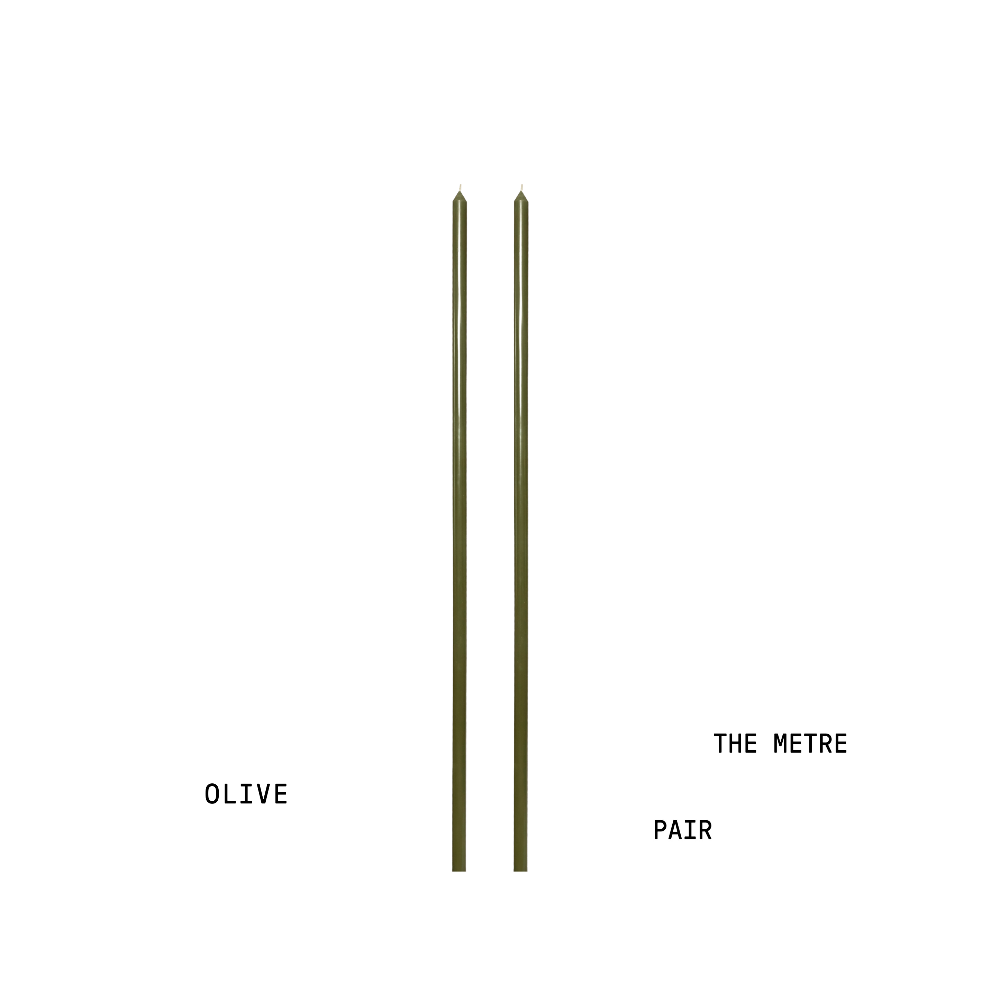 Two olive-coloured candles labelled 'OLIVE' and 'THE METRE PAIR' on a white background.