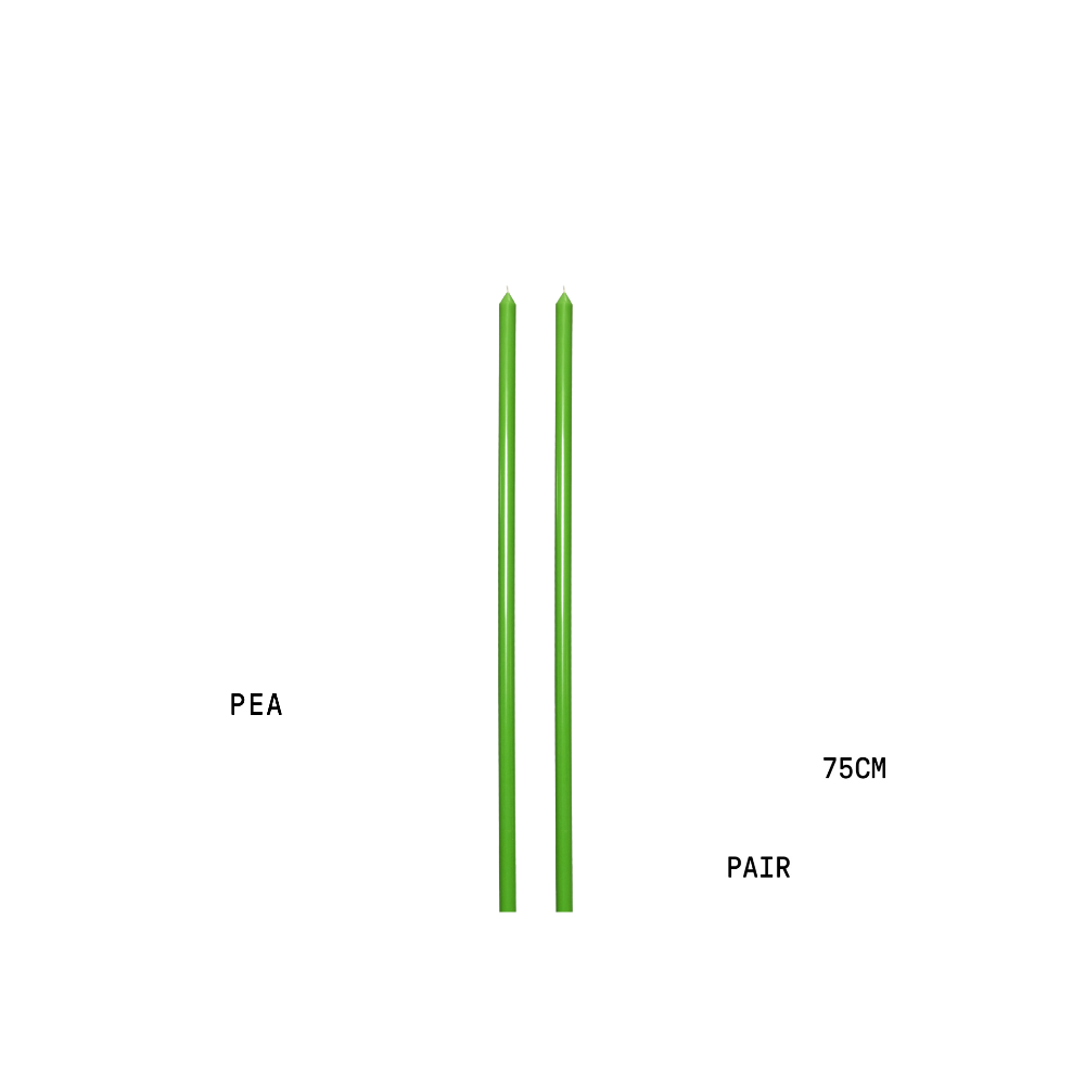 Two green pea coloured tapered candles with measurement text on a white background
