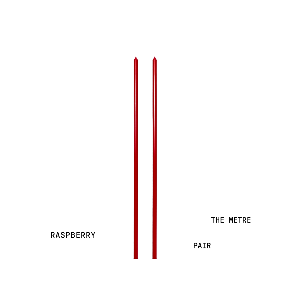 Two handpoured metre tall candles with text 'RASPBERRY' and 'THE METRE PAIR' on a white background