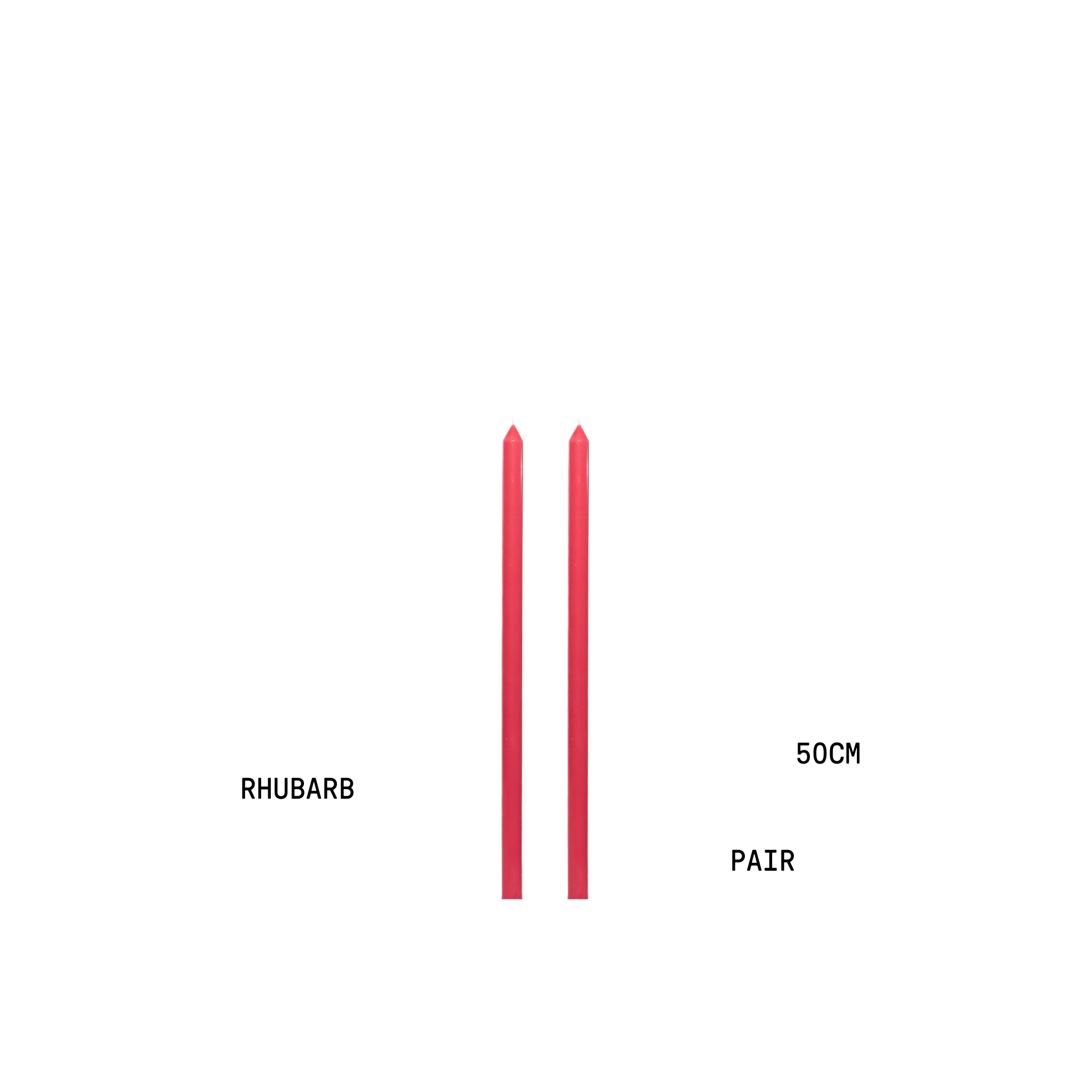 Two red rhubarb sticks with measurement text on a white background