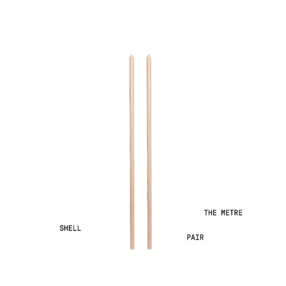 Two tapered candles labelled 'SHELL' and 'THE METRE PAIR' on a white background.