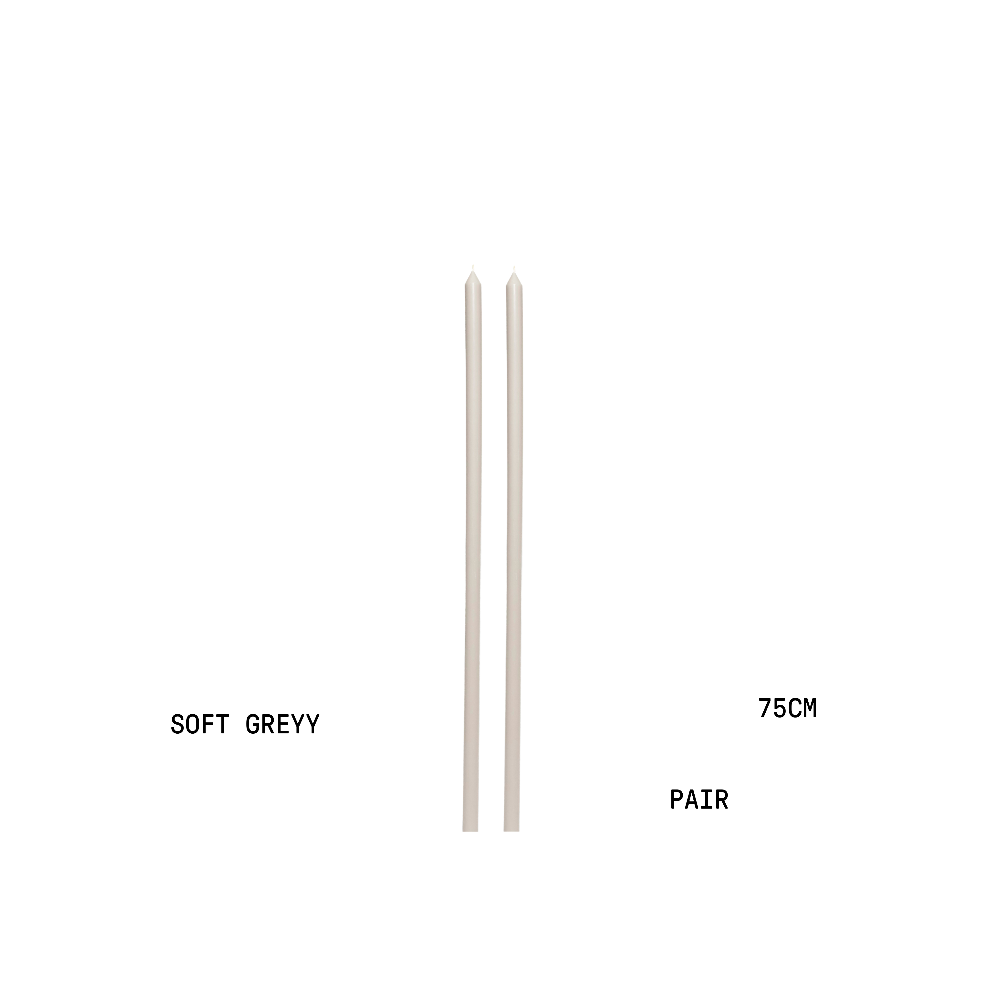 Two soft grey candles on a white background with text indicating length and colour.