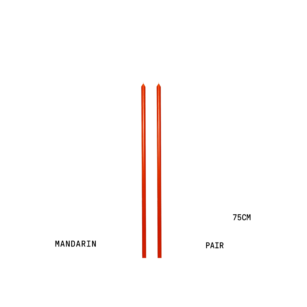 Two orange tapered candles with text indicating 'Mandarin', 'Pair', and '75cm' on a white background.