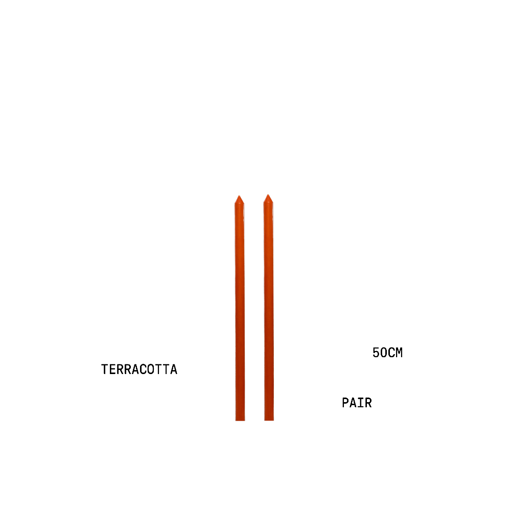 Two terracotta-coloured candles with measurement text on a white background