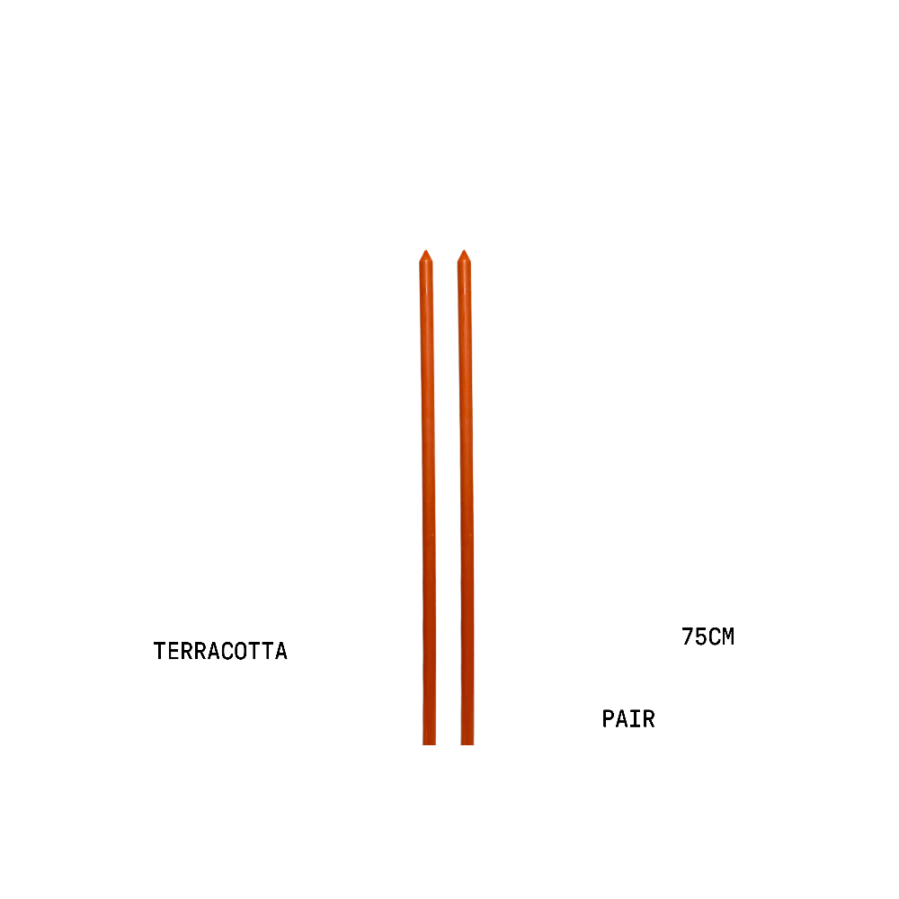 Two terracotta-coloured candlesticks with dimensions on a white background