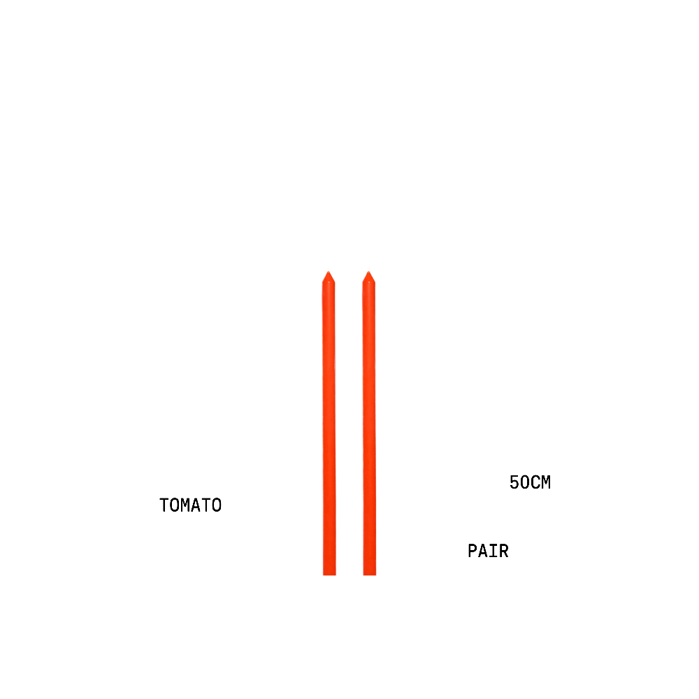 Two tapered candles labelled 'Tomato' and 'Pair', and a measurement of 50cm.