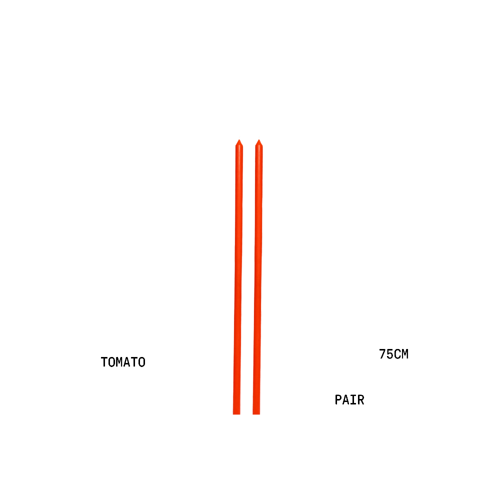 Two tapered 75cm candles measurements on a white background