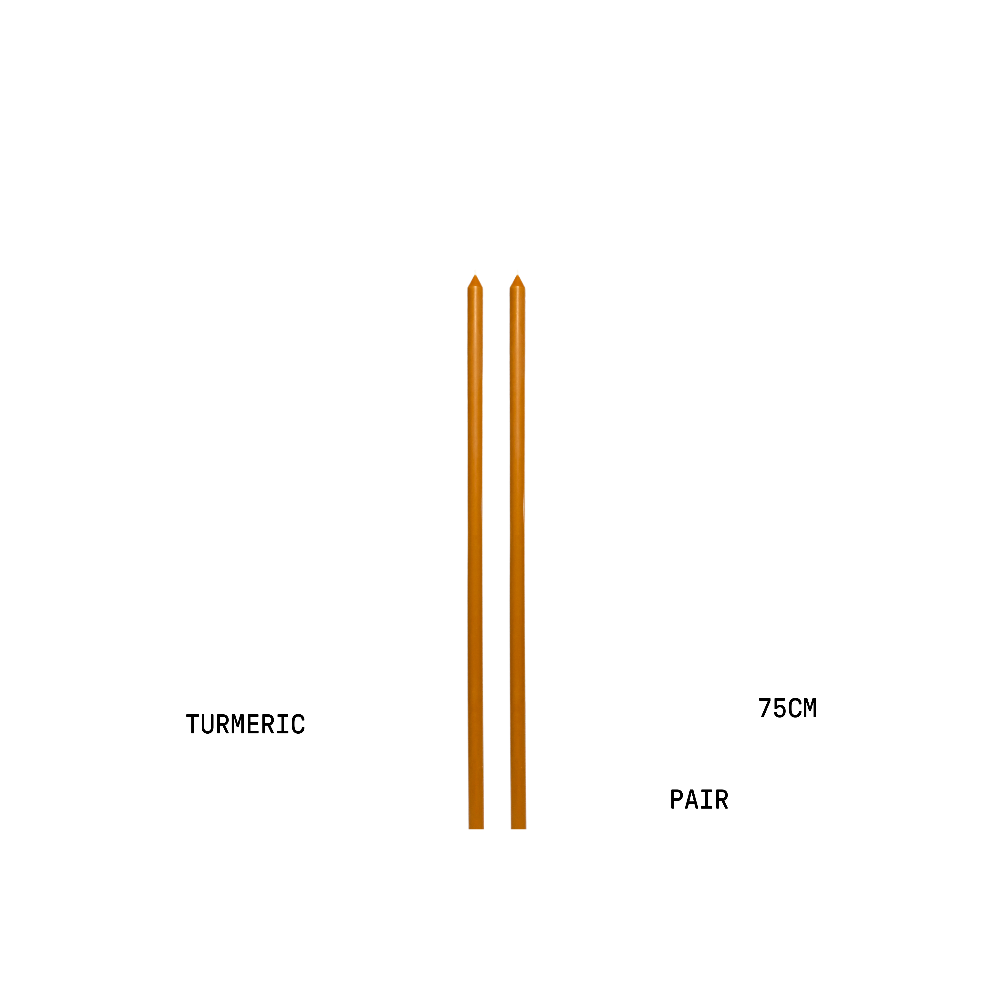 Two candles labelled 'Turmeric' and 'Pair' with a length of 75cm on a white background.
