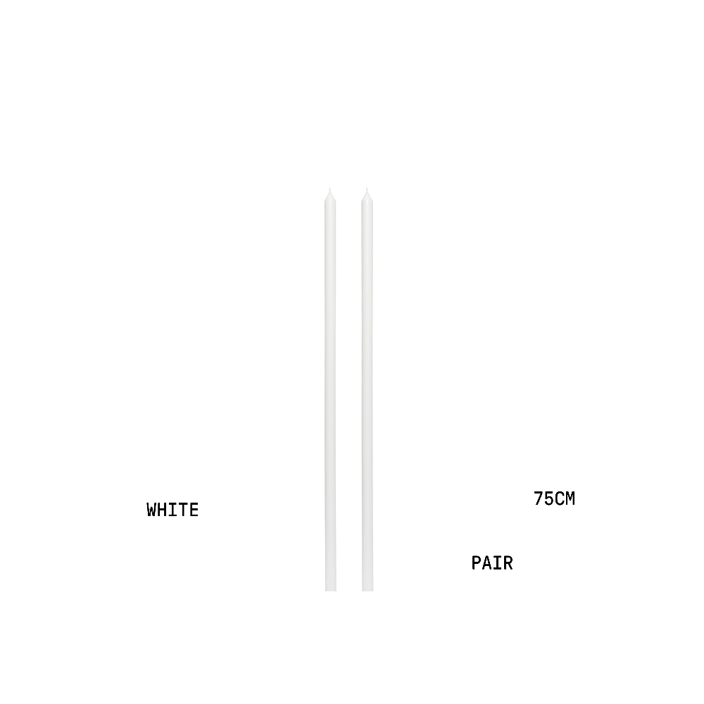 Two white tapered candles with measurement text on a white background