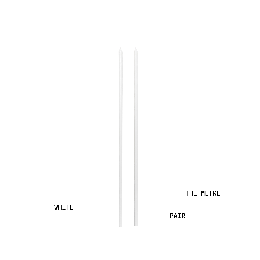 Two white one metre candles with text indicating measurement units on a white background
