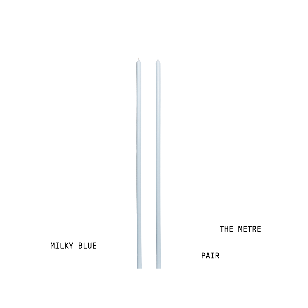 Two metre candles labelled 'Milky Blue' and 'The Metre Pair' on a white background.