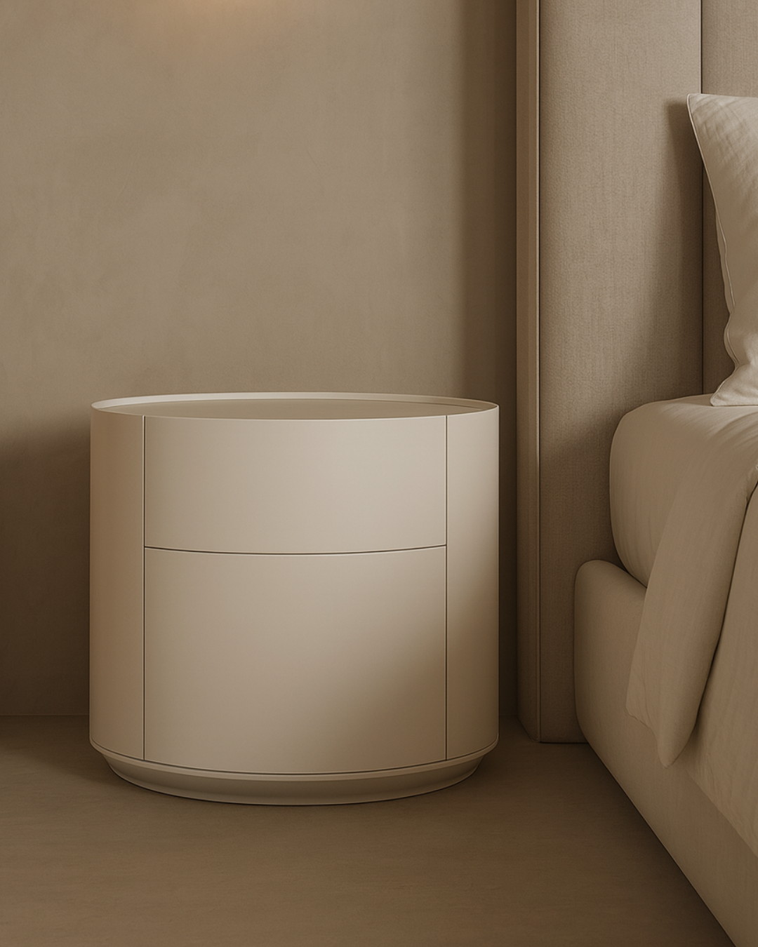 Beige nightstand against a beige wall in a bedroom setting