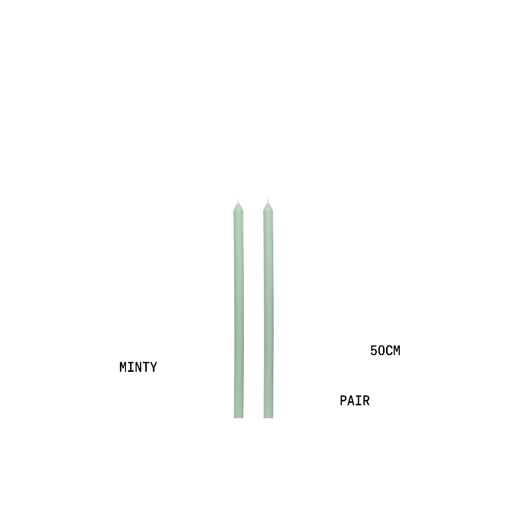 Two mint green candles with text indicating 'Minty', 'Pair', and '50cm' on a white background.