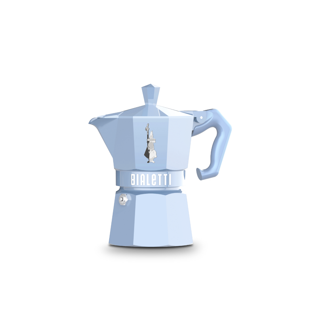 Light blue Bialetti coffee maker on a white background