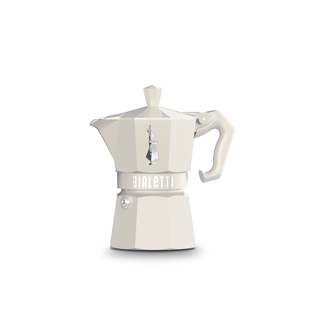 White Bialetti coffee maker on a white background