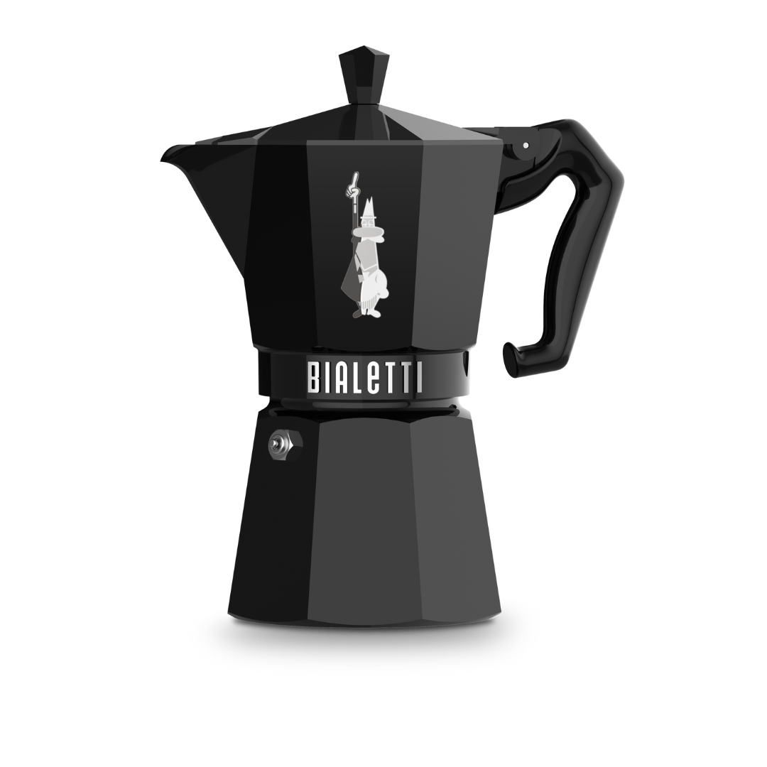 Black Bialetti coffee maker on a white background