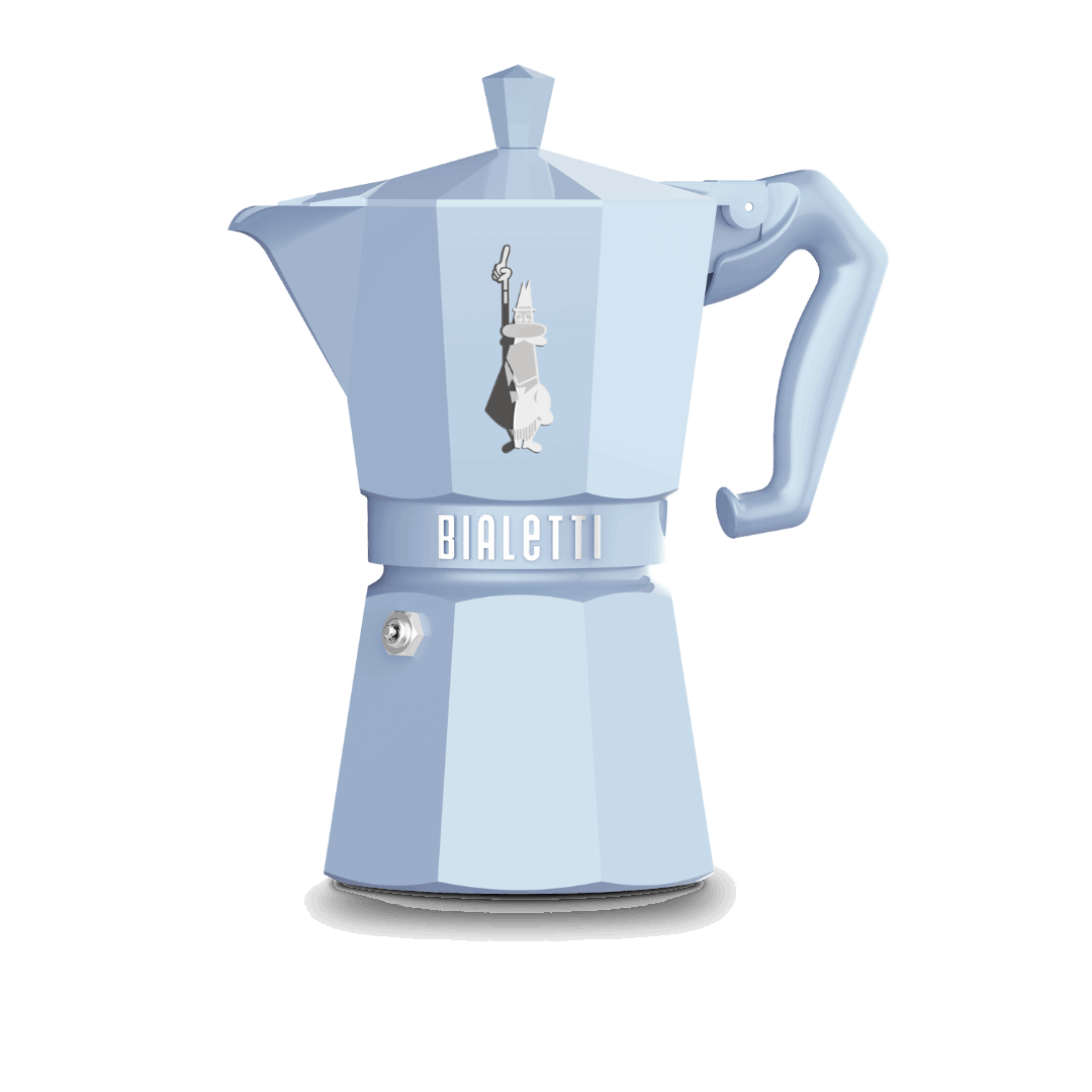 Light blue Bialetti coffee maker on a white background