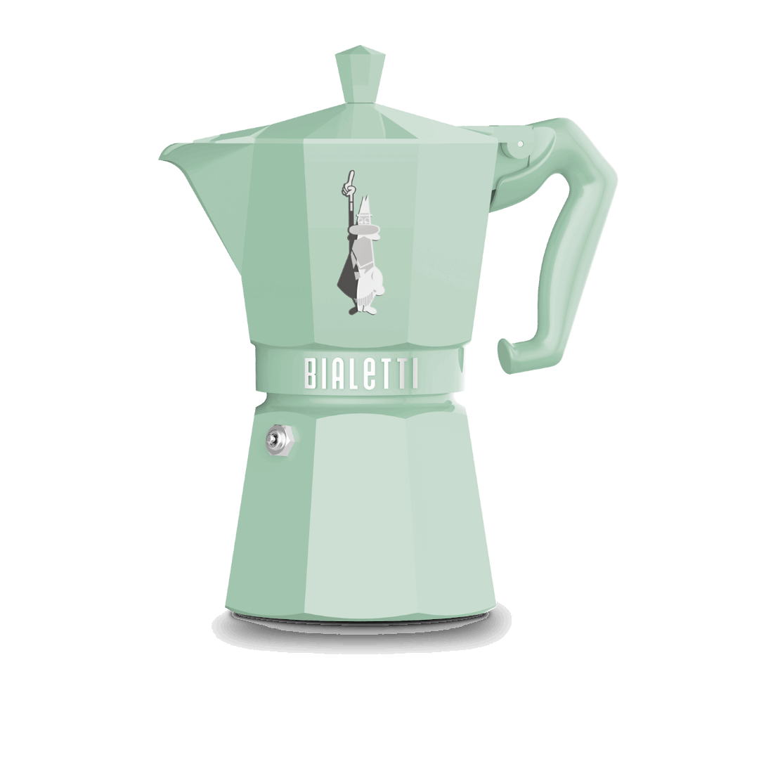 Mint green Bialetti coffee maker on a white background