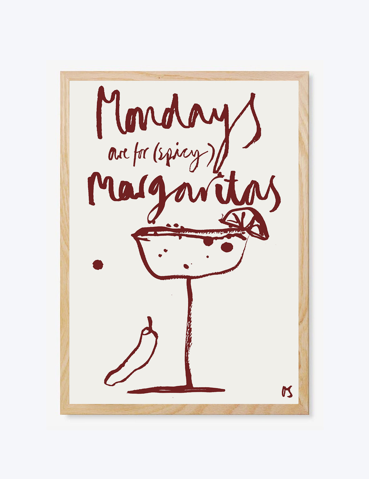 Framed artwork with a margarita illustration and text on a white background