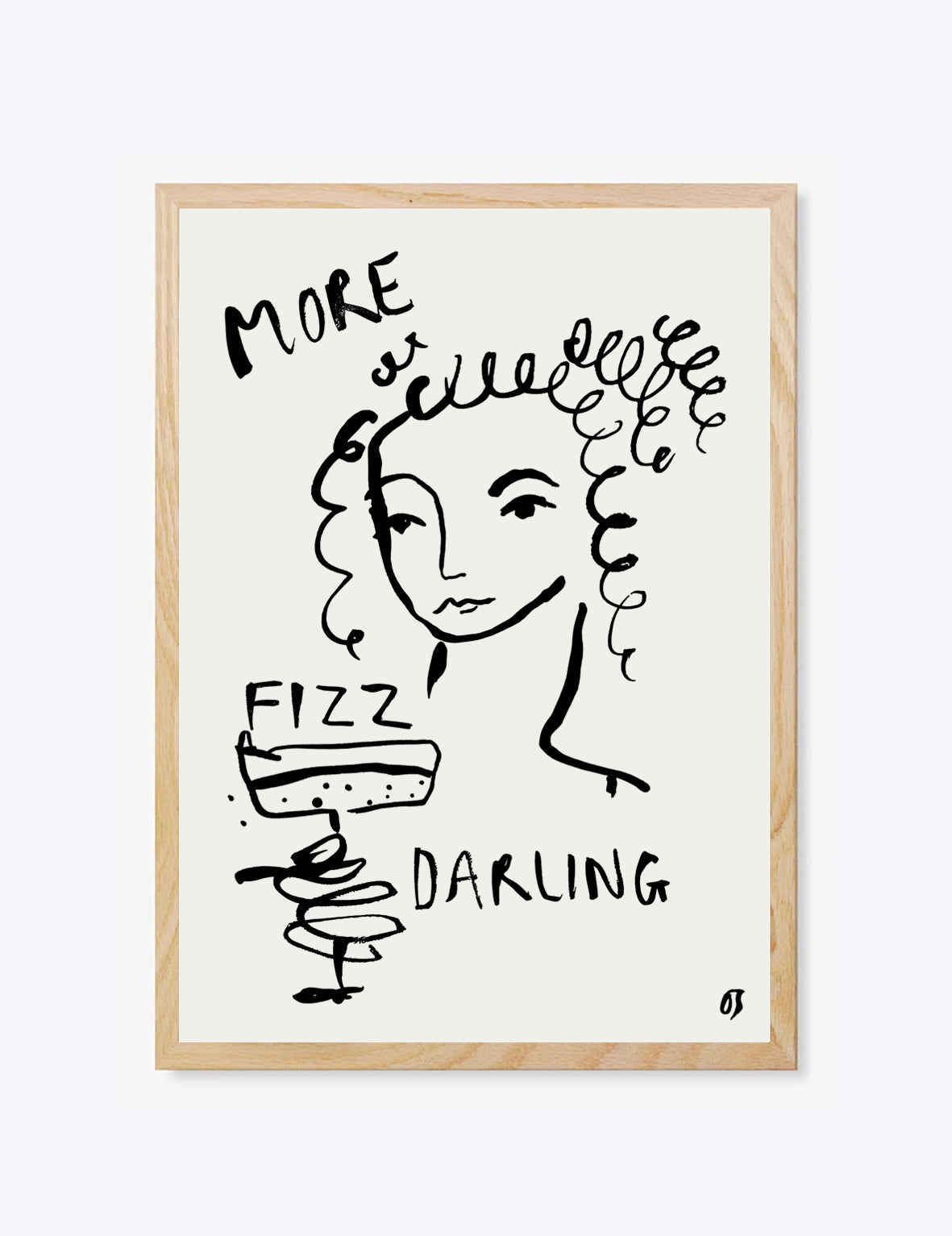 Framed artwork with a stylized illustration of a woman and text on a white background
