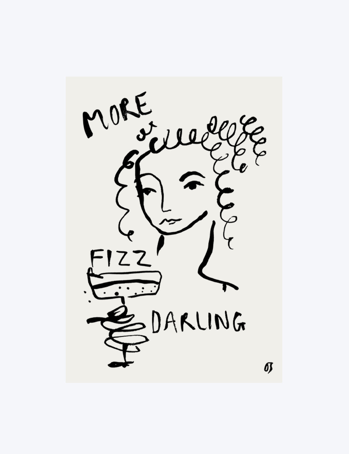 Illustration of a woman with text 'More fizz darling' on a beige background