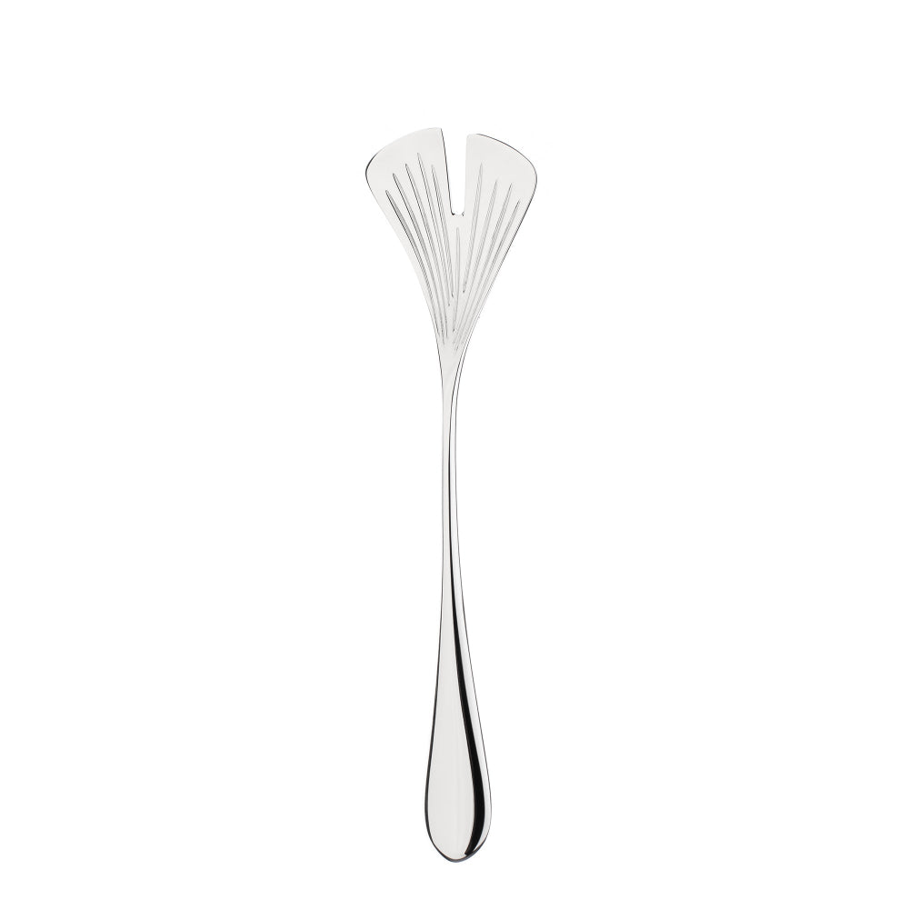 Decorative silver spoon with fan-like ends on a white background