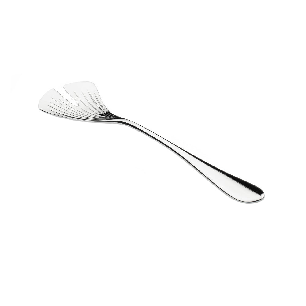 Metallic slotted spoon on a white background