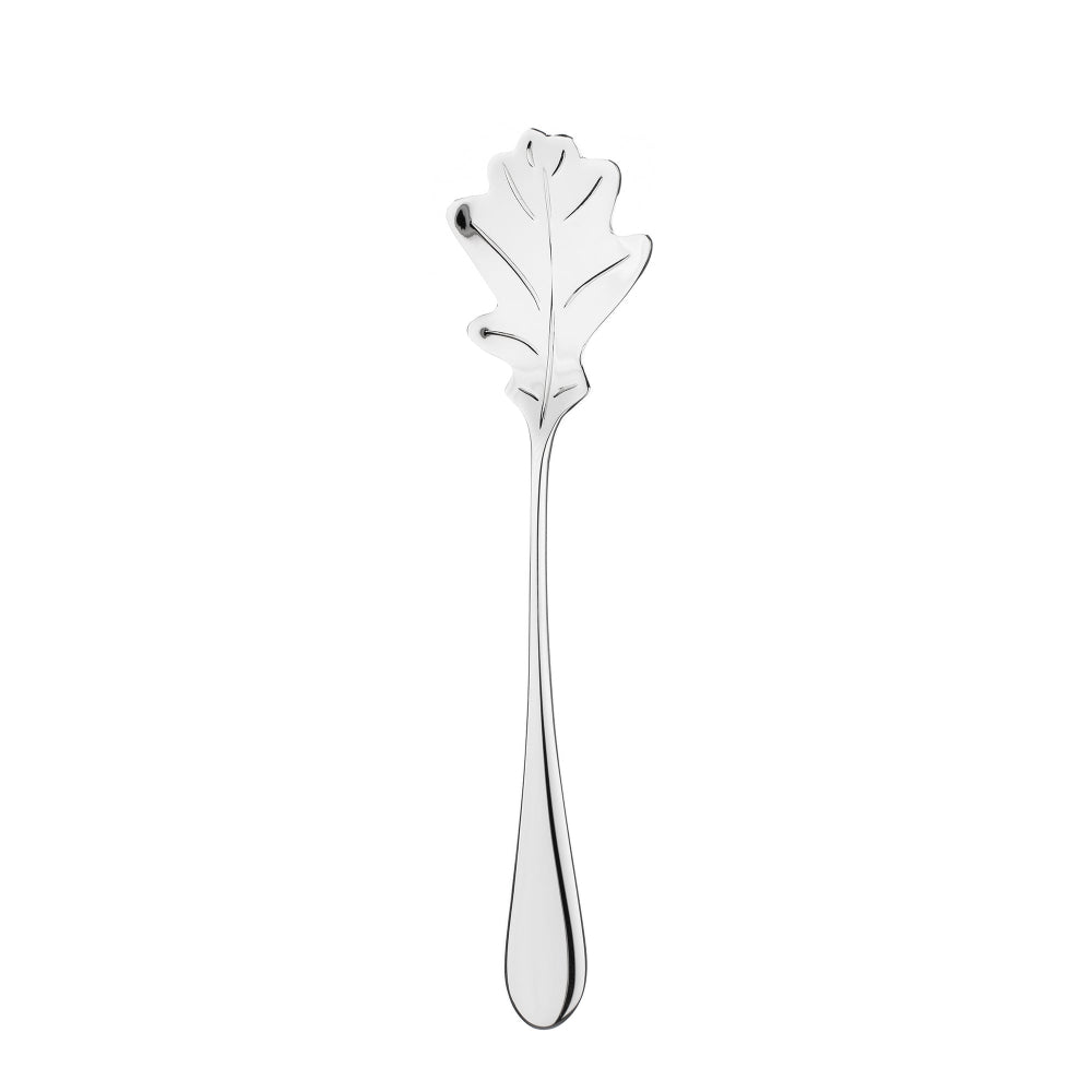 Silver leaf-shaped spoon on a white background