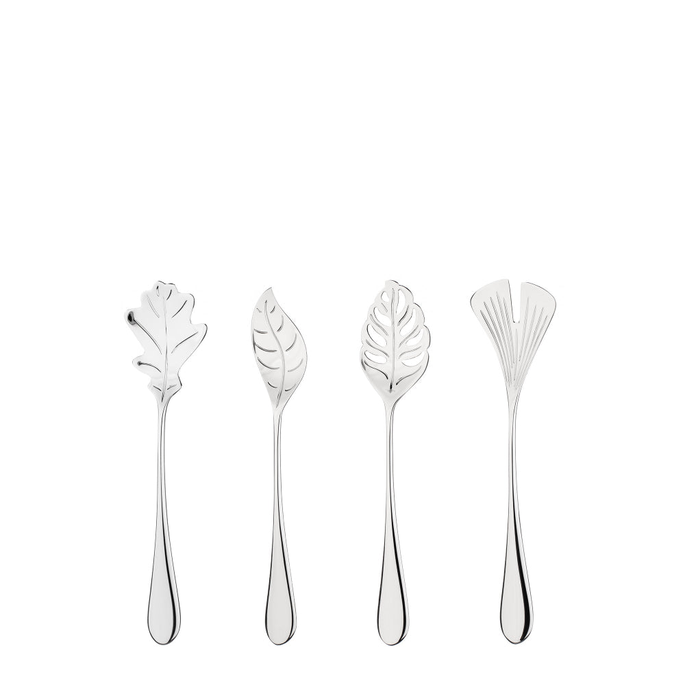 A set of four stainless steel spoons with leaf-shaped bowls, each with a different leaf design, displayed against a white background.