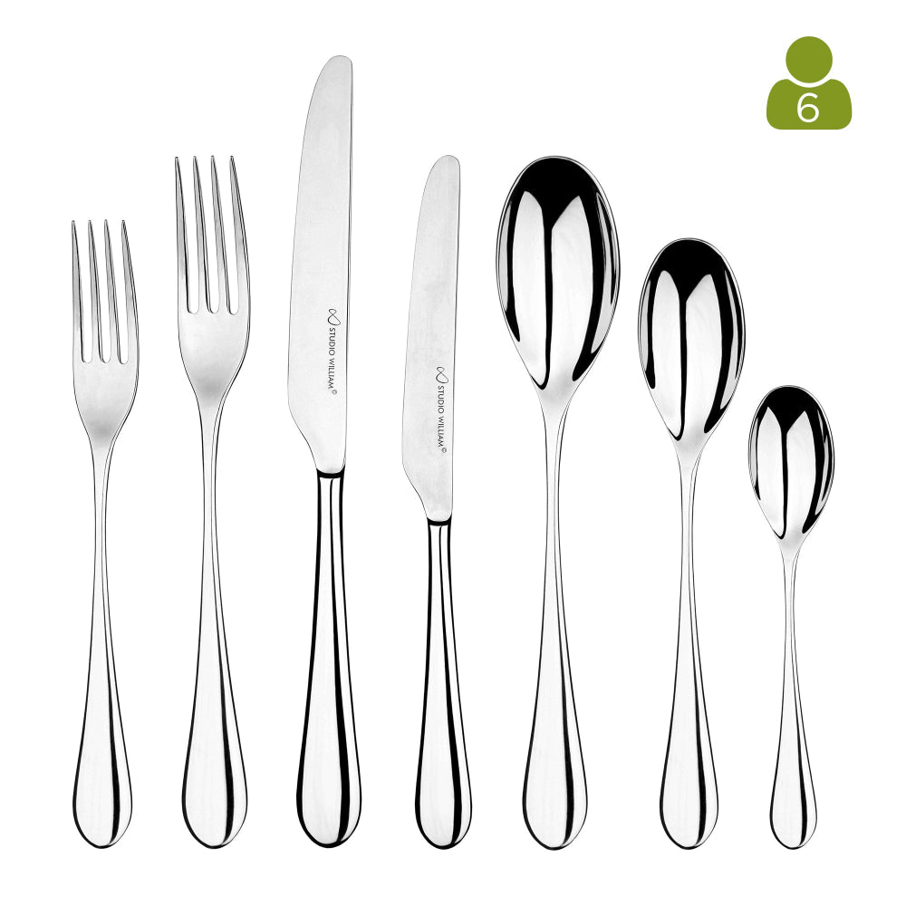 Set of silver cutlery including forks, knives, and spoons on a white background