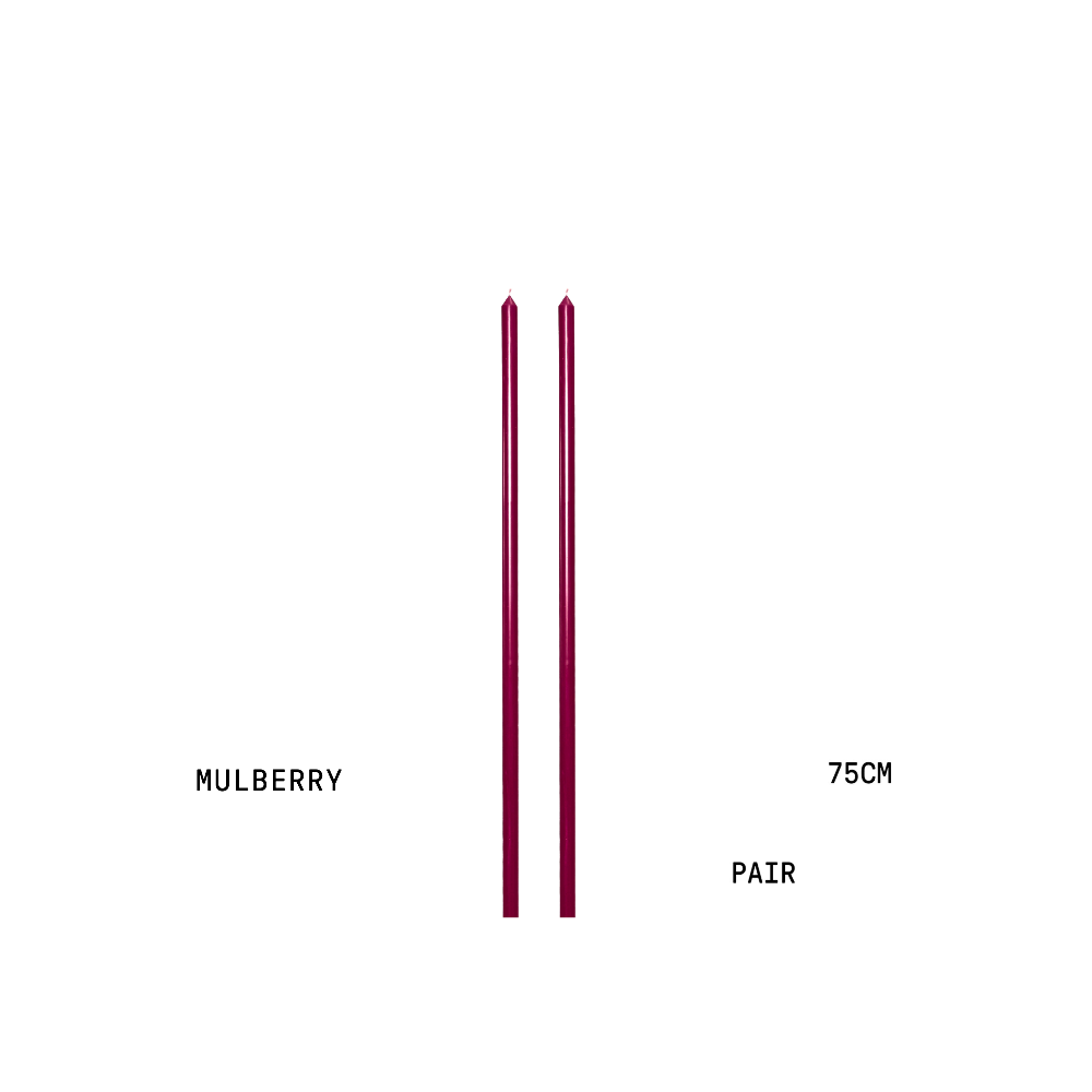 Two red candlesticks with text indicating 'Mulberry', '75cm', and 'Pair' on a white background.