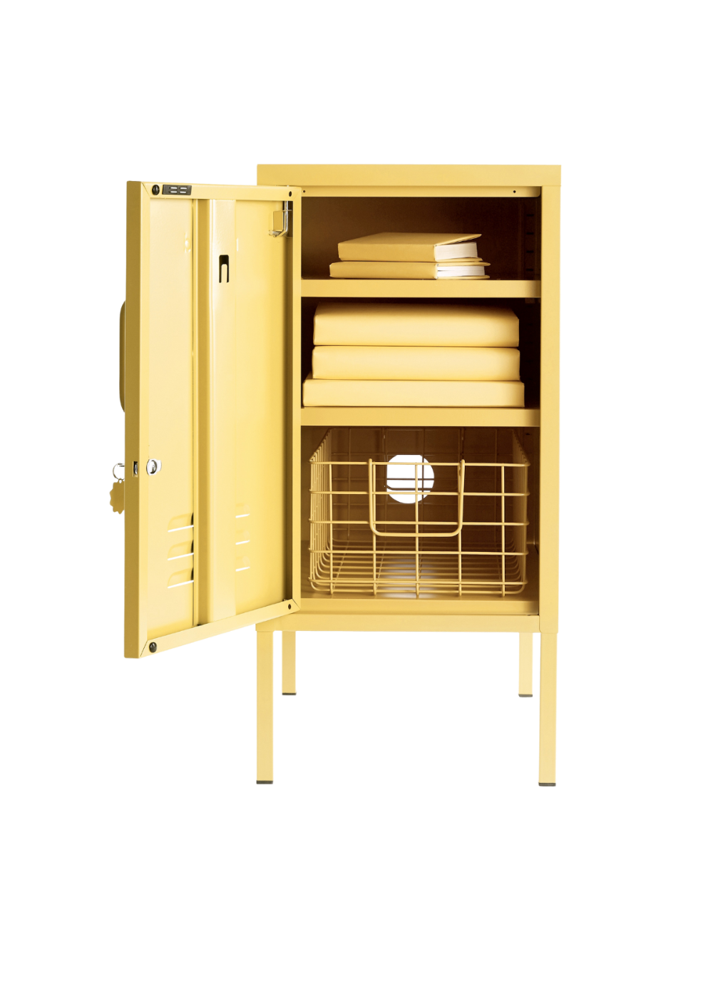 Yellow storage cabinet with open doors on a white background