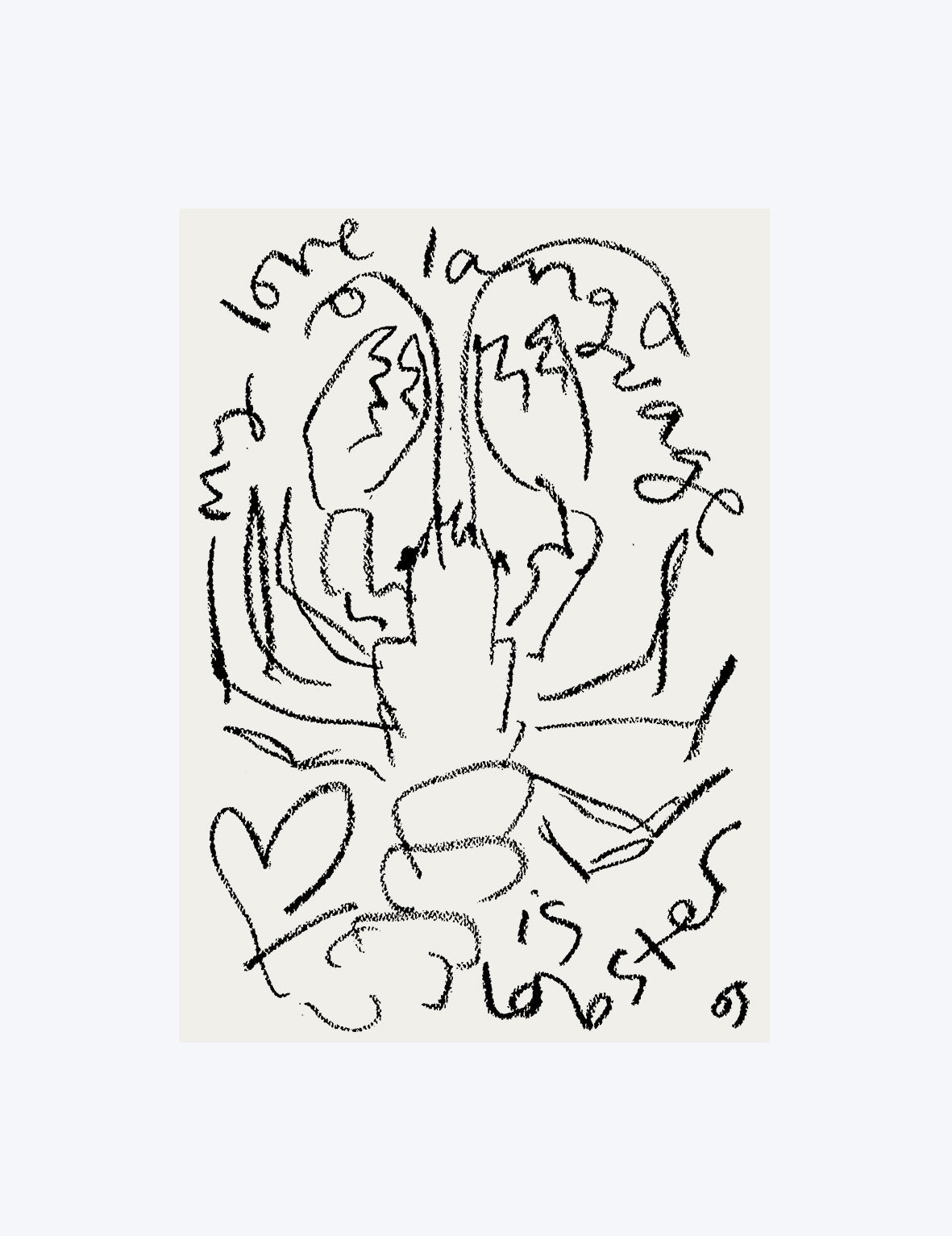 Black line drawing of a lobster with 'my love language is lobster' on a beige background