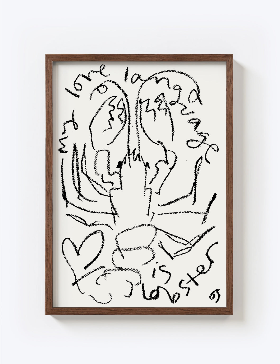 Framed artwork of a lobster with 'my love language is lobster' on a white background
