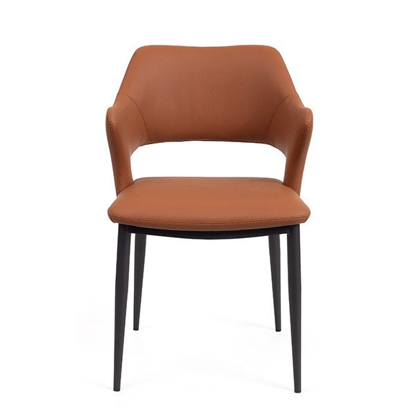 Brown faux leather dining chair with black legs on a white background