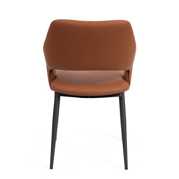 Tommy Franks Brown faux leather dining chair with black legs on a white background