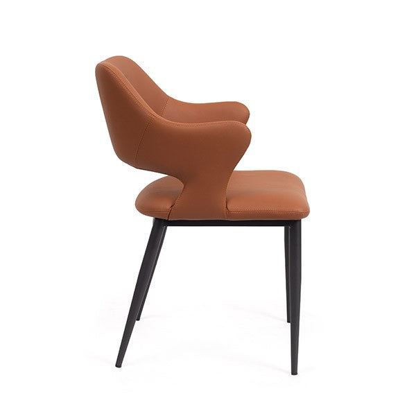 Brown faux leather dining modern design chair with black legs on a white background
