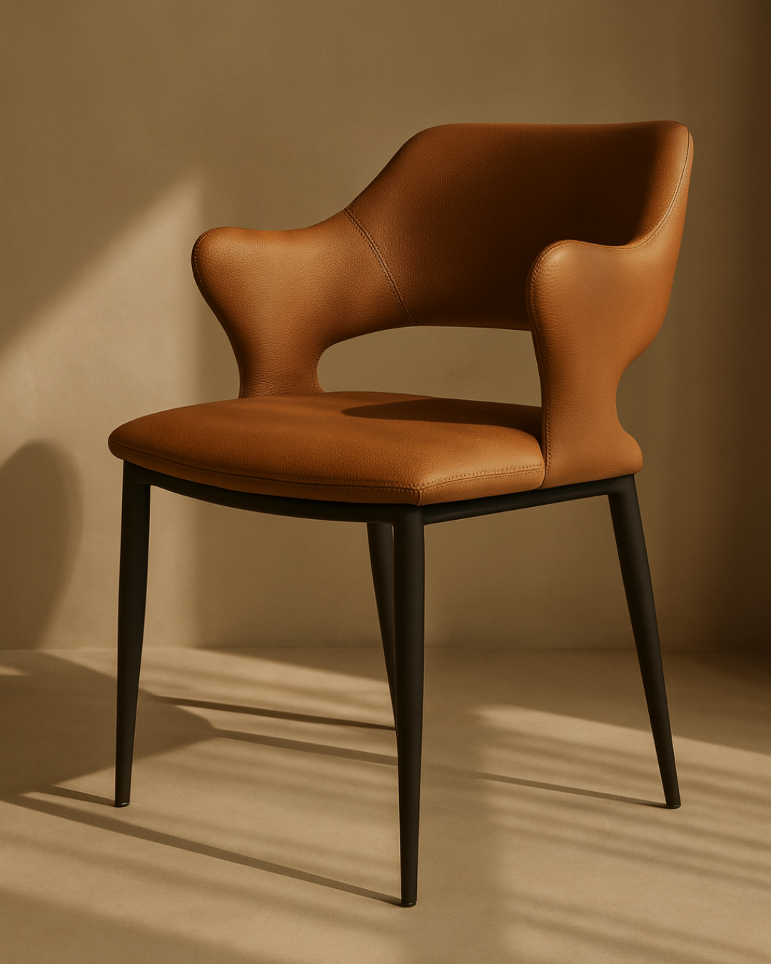 Brown chair with black metal legs on a beige background