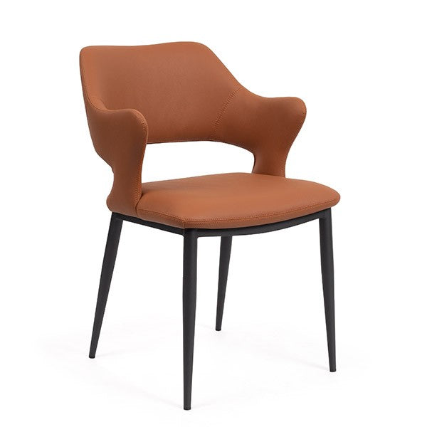 Brown faux leather dining chair with black legs on a white background