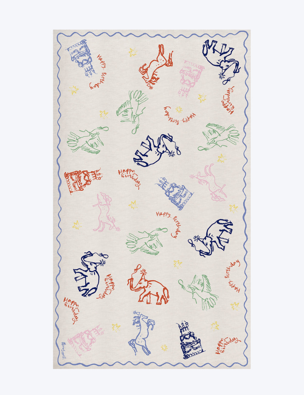 Decorative linen tablecloth with colourful animal illustrations and text on a white background