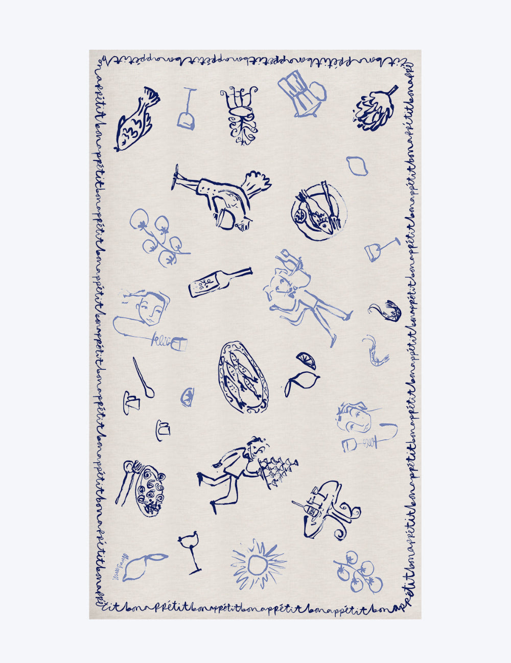 Olivia Sewell Linen tablecloth with blue line art illustrations on a white background