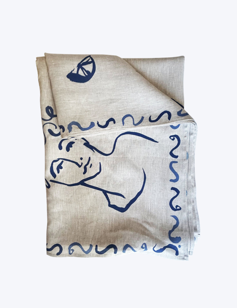 Linen Tablecloth with blue abstract designs on a white background