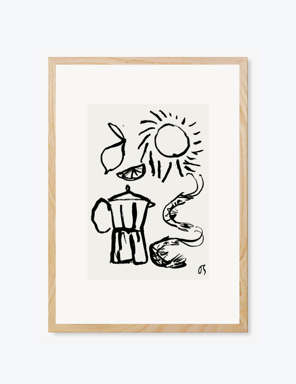 Framed artwork with black line drawing of a coffee maker, sun, and abstract shapes on a white background