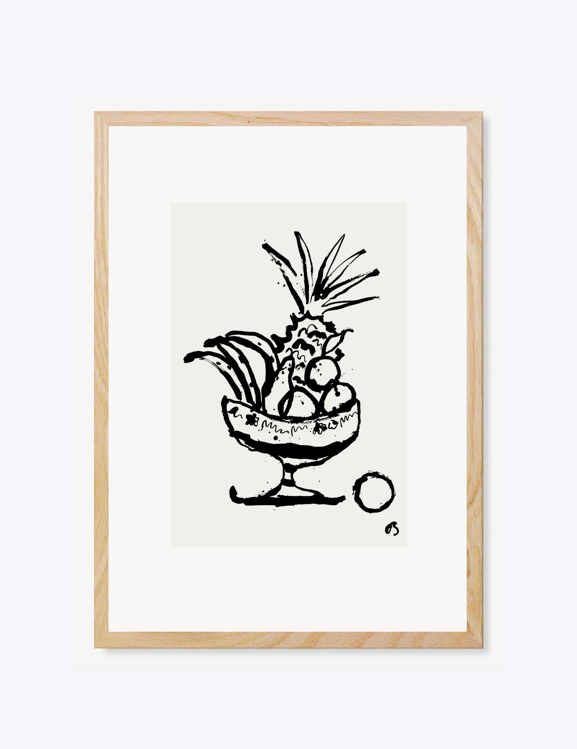 Framed artwork of a black and white illustration of a pineapple in a glass on a white background