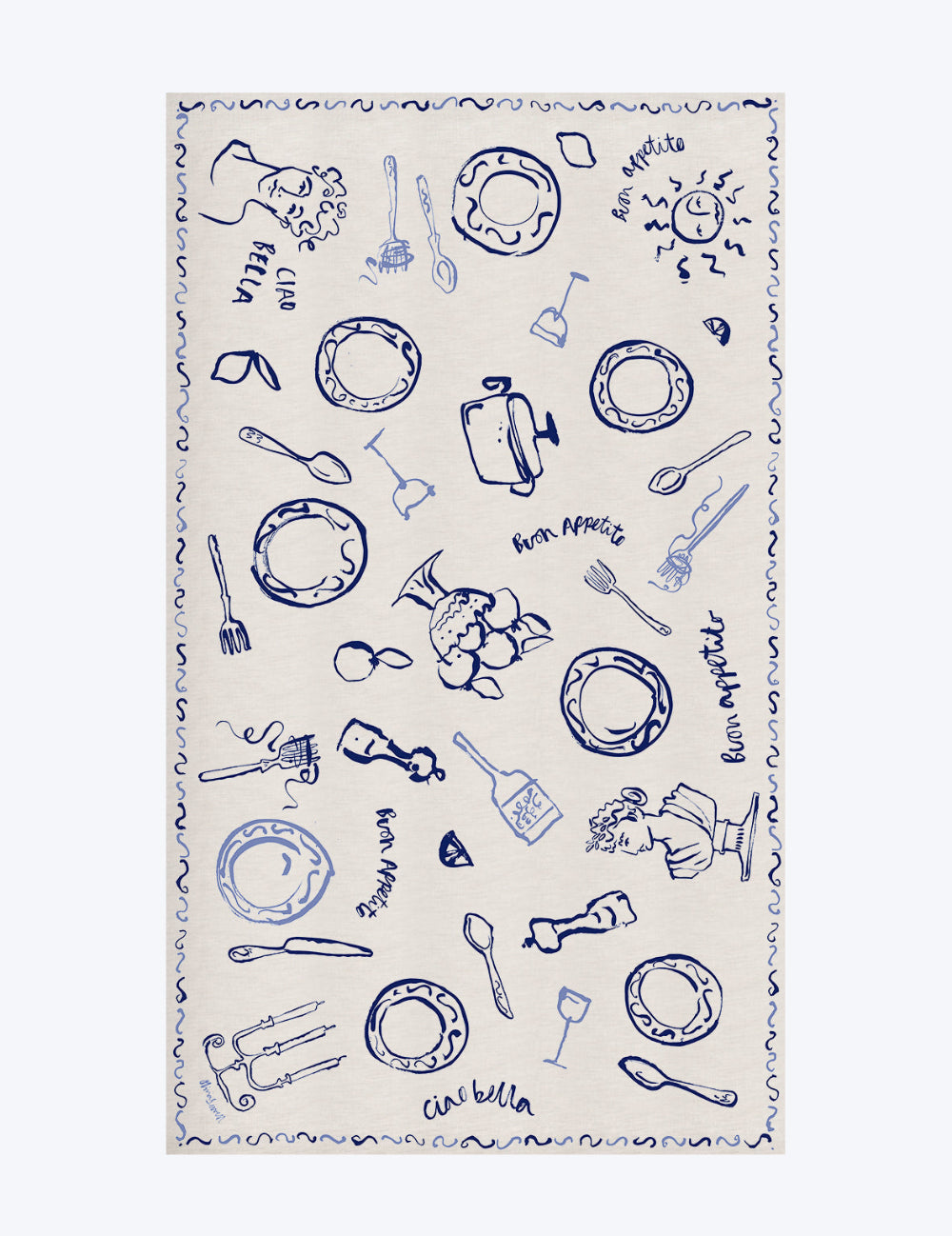 Decorative linen tablecloth with blue kitchen utensil and plate pattern on a white background
