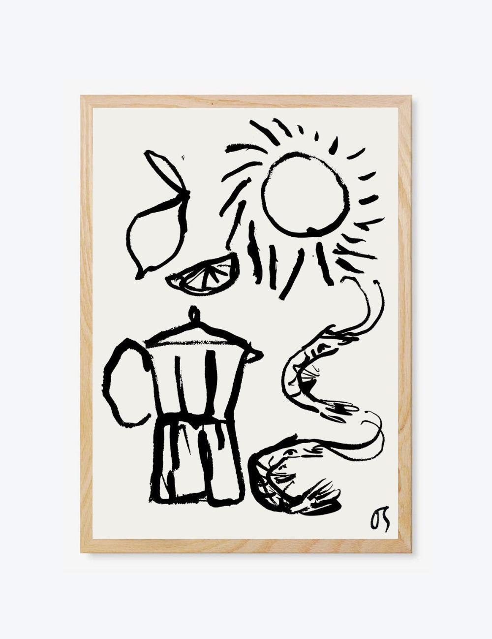 Framed artwork with a black line drawing of a coffee maker, lemon, and sun on a white background.